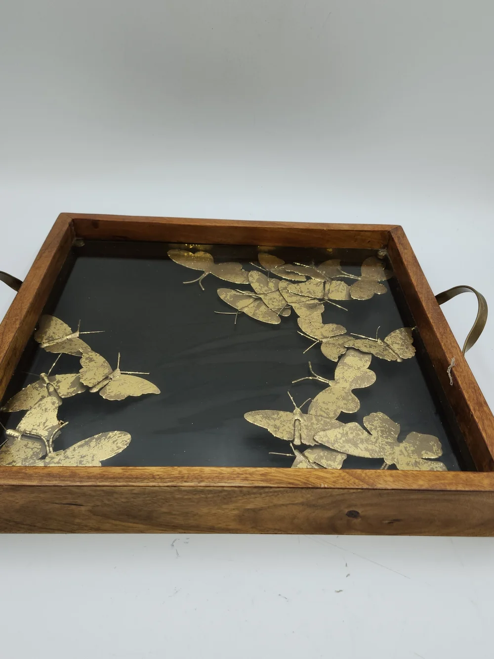 Peir 1 Vintage Gold Butterfly Serving Tray Glass Top Wood Frame Brass Handles